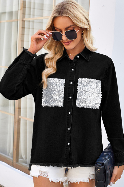 Washed Loose Fringed Sequin Pocket Denim Jacket