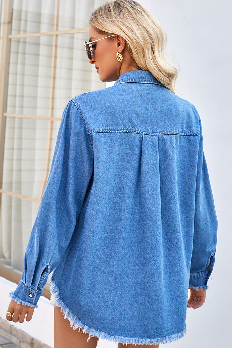 Washed Loose Fringed Sequin Pocket Denim Jacket