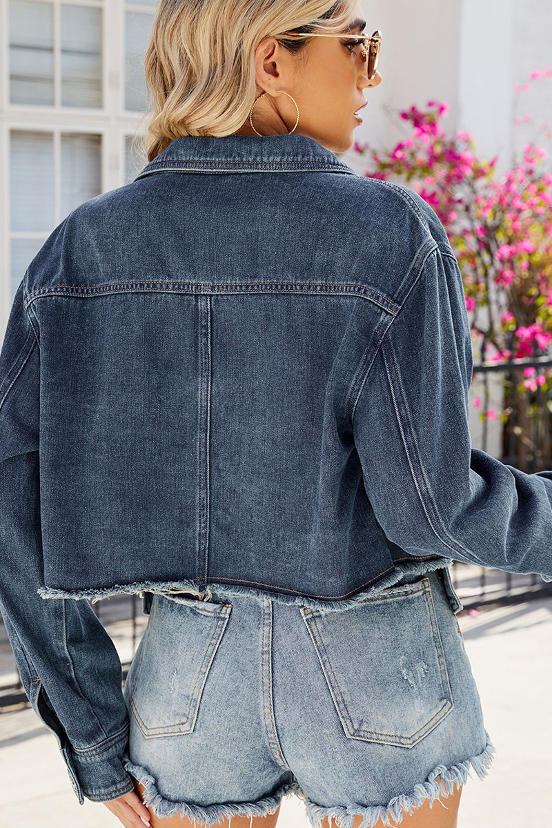 Casual Fringed Cropped Washed Denim Jacket