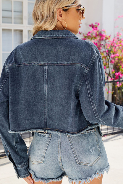Casual Fringed Cropped Washed Denim Jacket