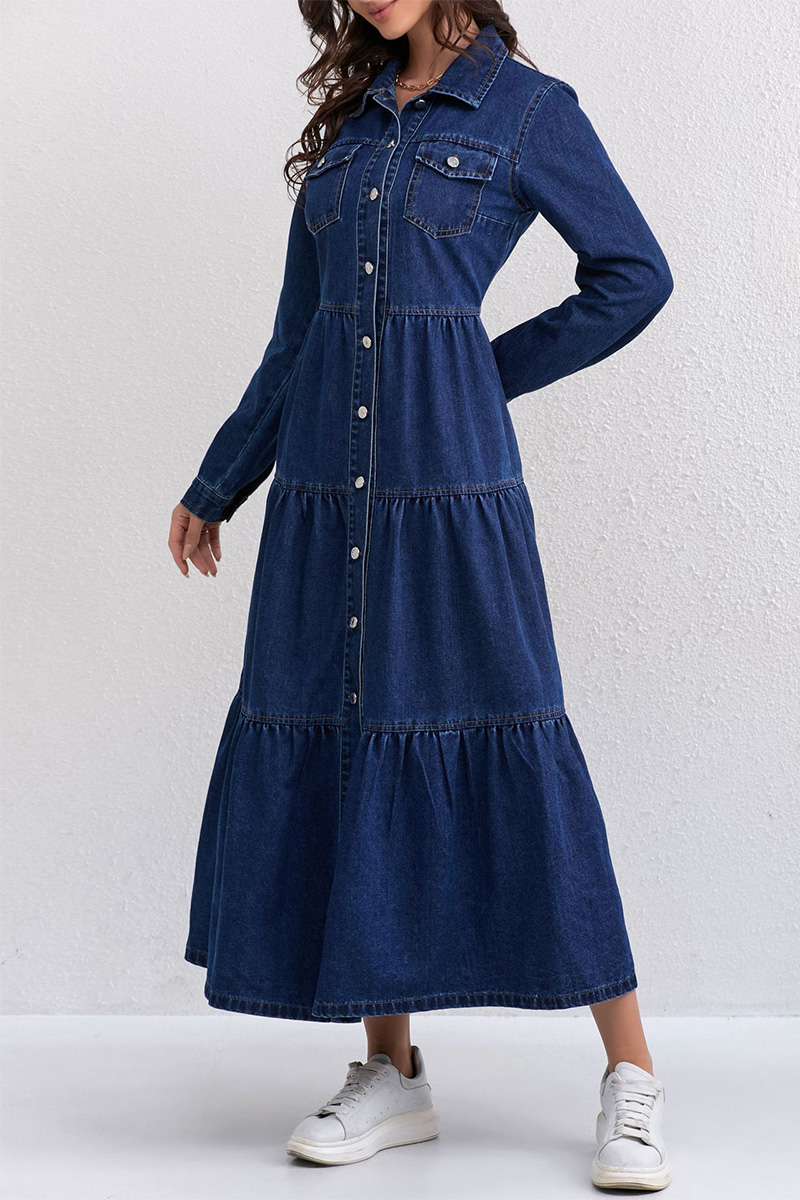 Women Lapel Stitching Buttoned Casual Denim Dress