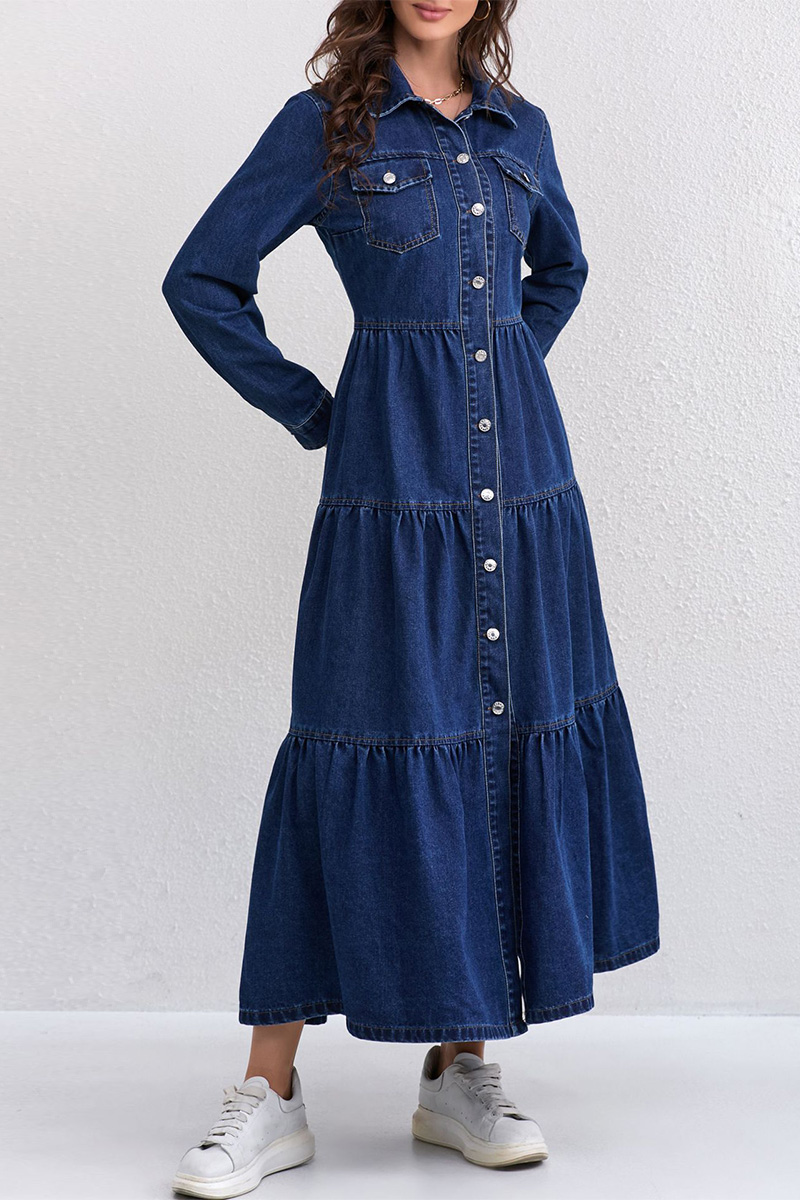 Women Lapel Stitching Buttoned Casual Denim Dress