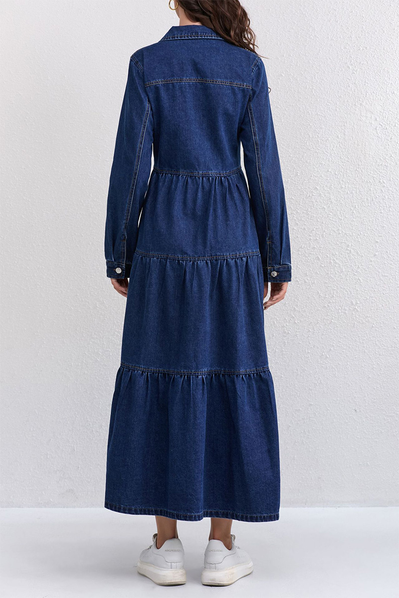Women Lapel Stitching Buttoned Casual Denim Dress