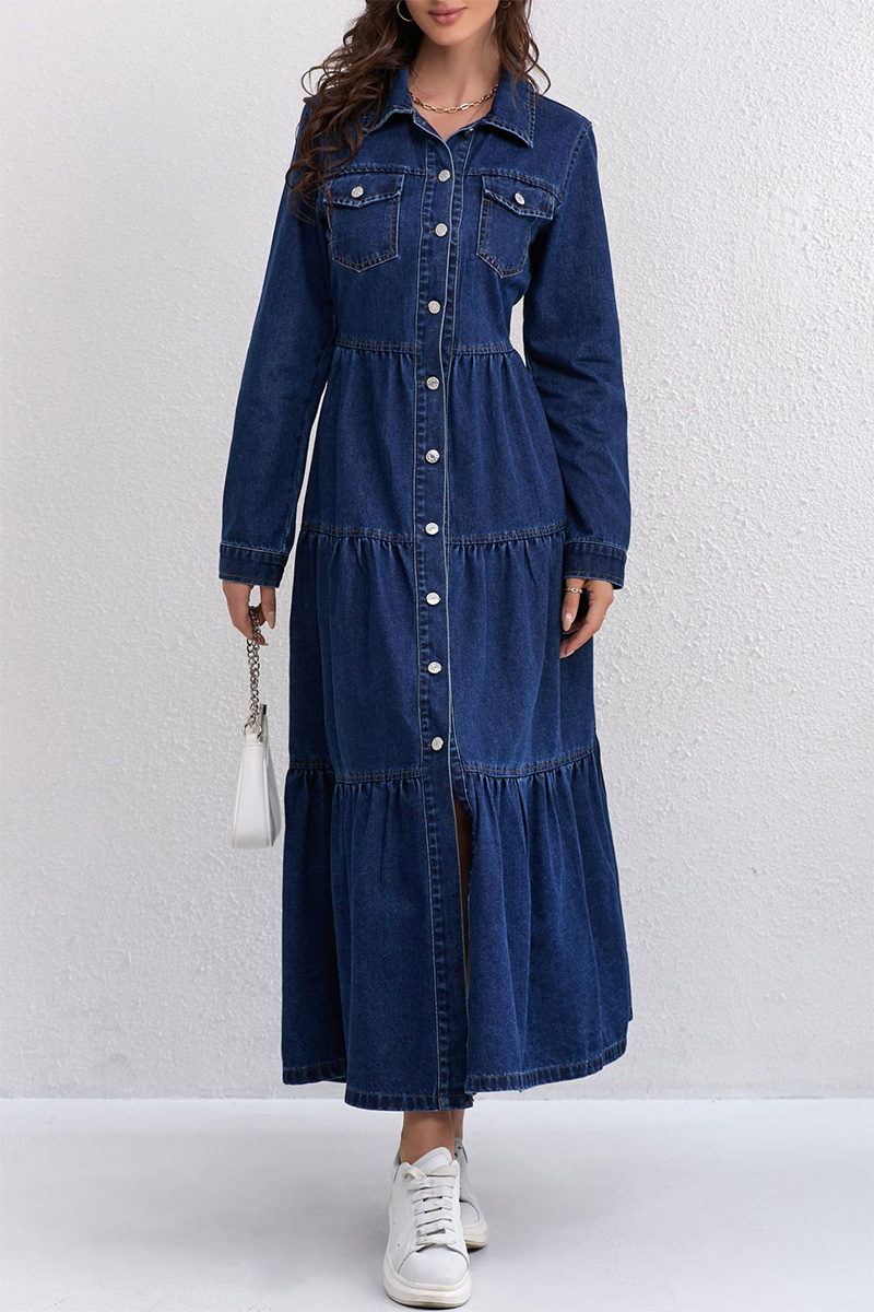 Women Lapel Stitching Buttoned Casual Denim Dress
