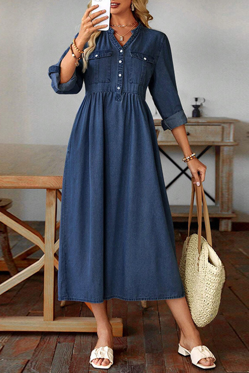 Women Long-sleeved V-neck New Denim Long Dress