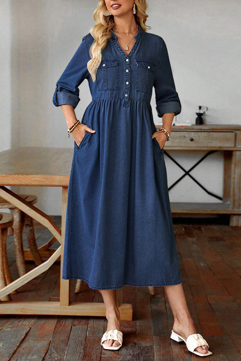 Women Long-sleeved V-neck New Denim Long Dress