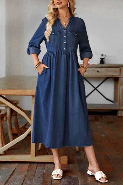Women Long-sleeved V-neck New Denim Long Dress