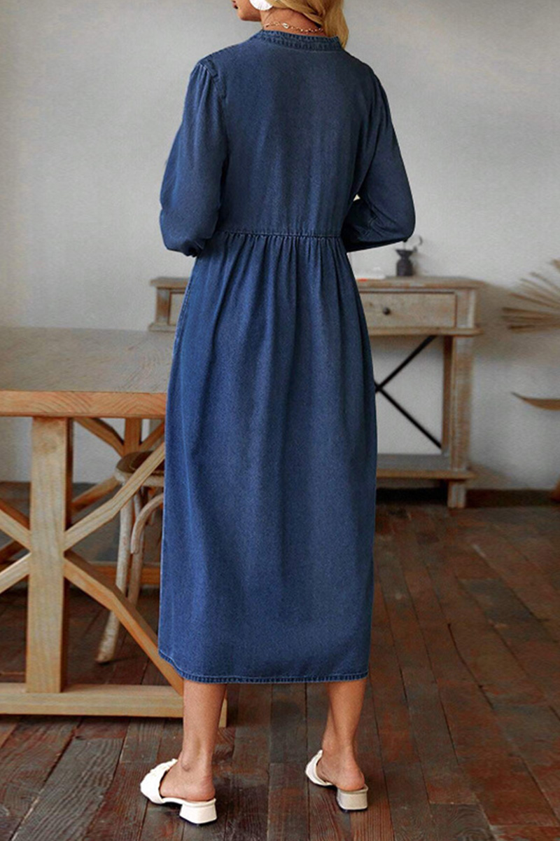 Women Long-sleeved V-neck New Denim Long Dress