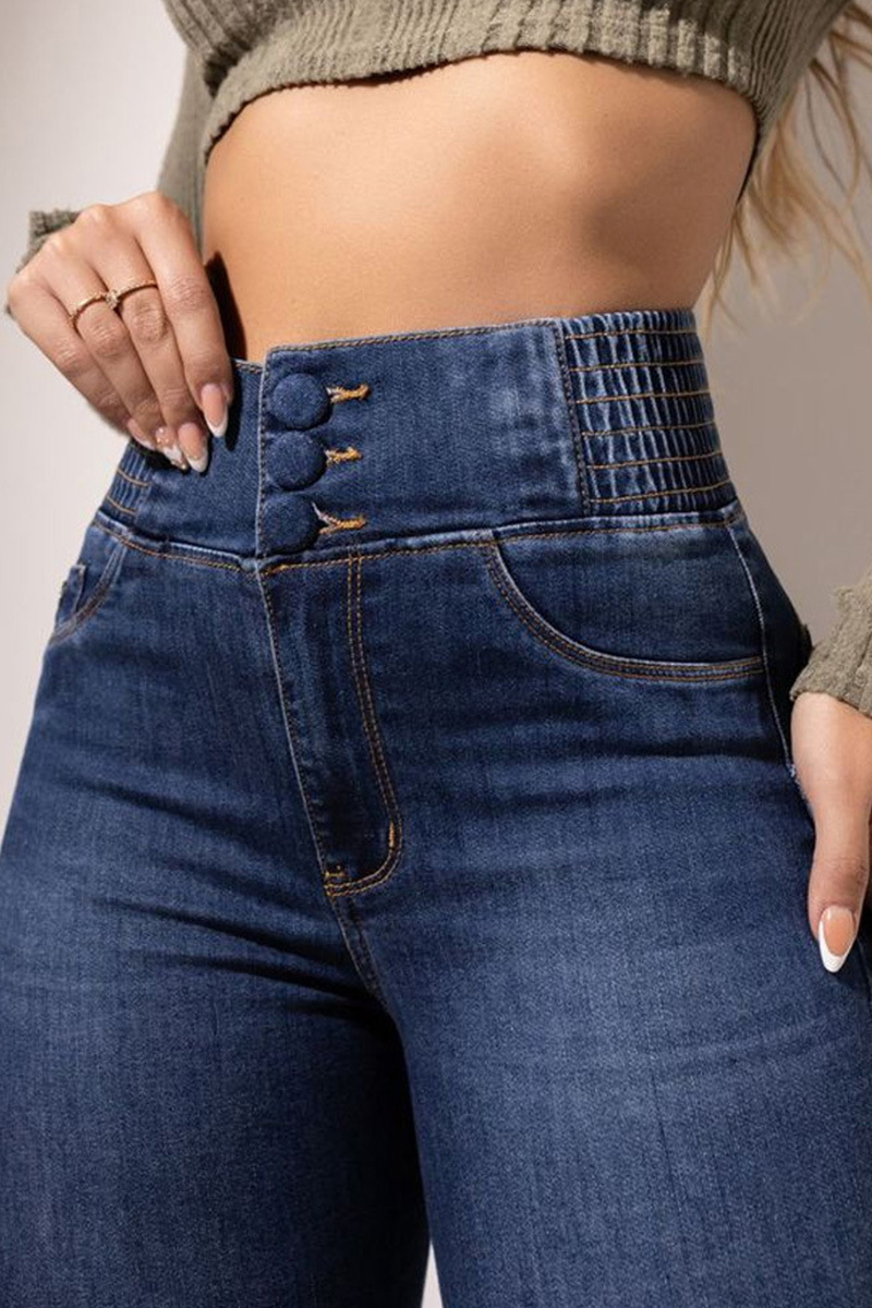 Women Elastic High Waist Button Slim Wide Leg Long Jeans