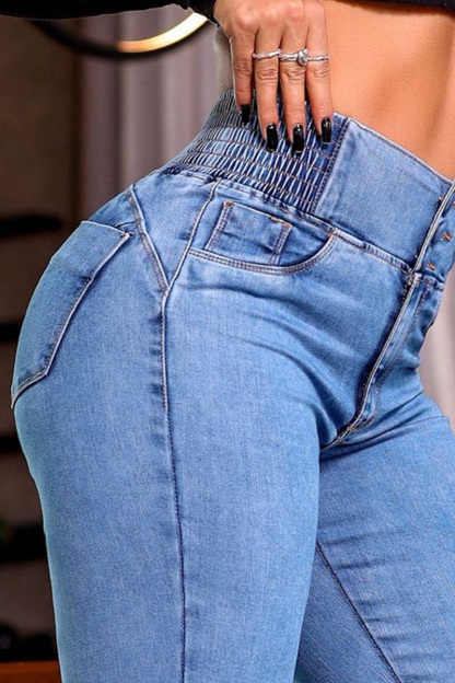 Women Elastic High Waist Button Slim Wide Leg Long Jeans