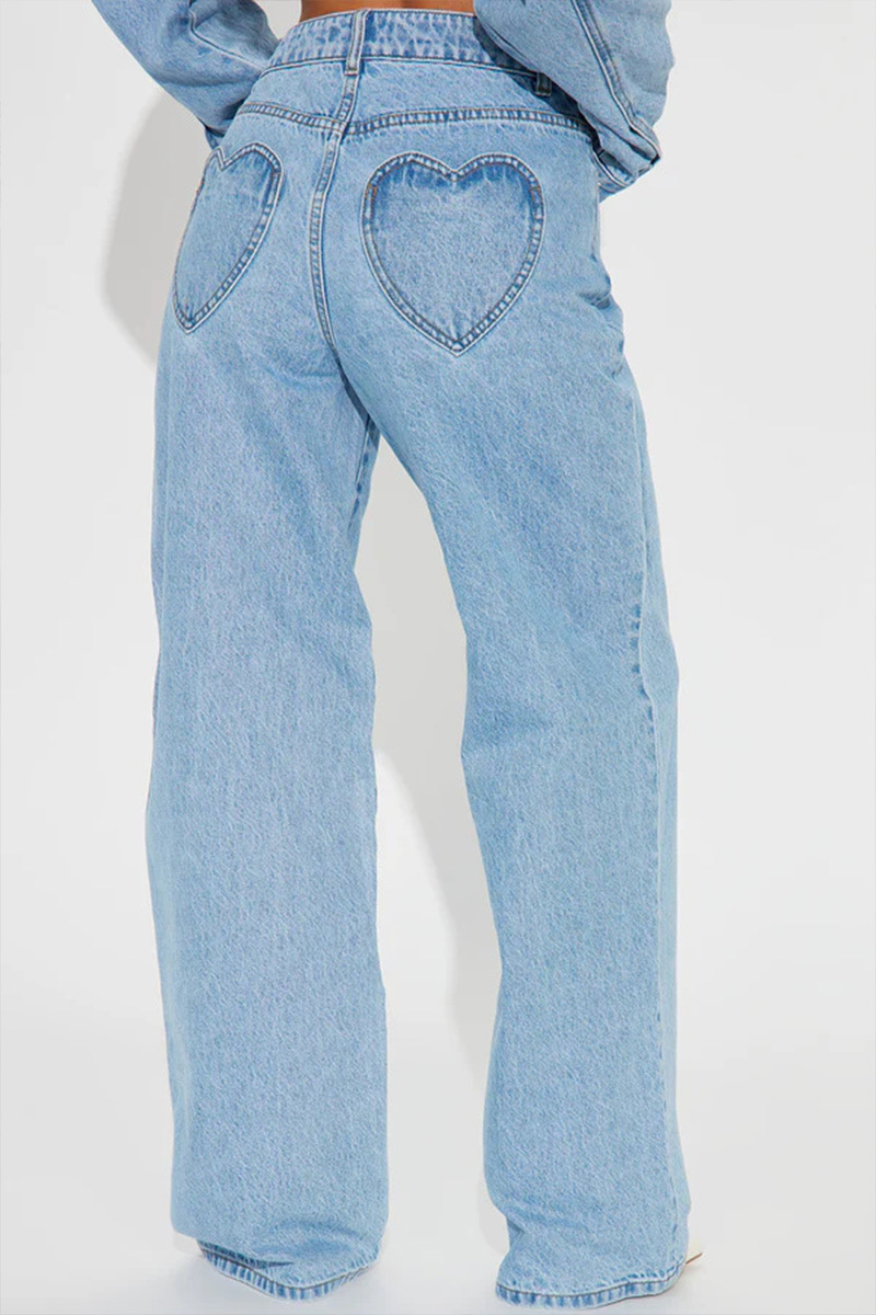 Women Straight-leg Slim Pants Heart Pocket Design Washed High-waist Loose Jeans