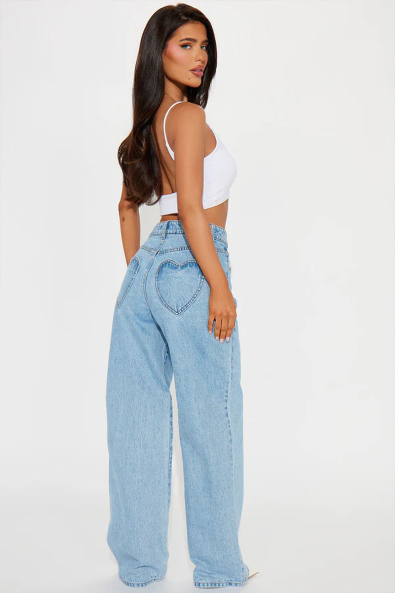 Women Straight-leg Slim Pants Heart Pocket Design Washed High-waist Loose Jeans
