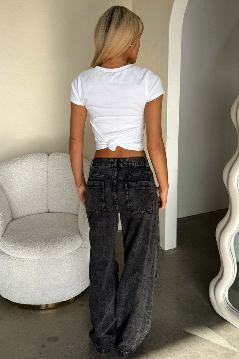 Retro Pocket Washed Straight Leg Cargo Wide Leg Denim Jeans