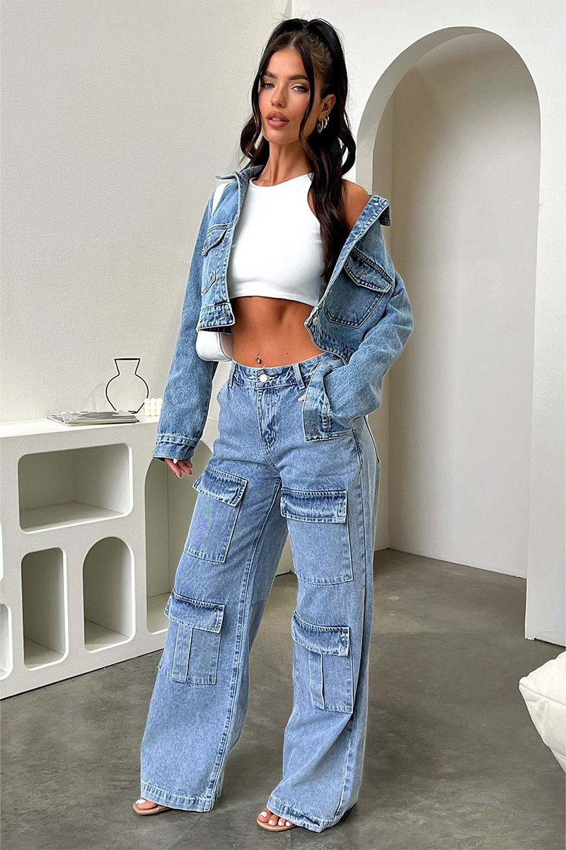 Retro Pocket Washed Straight Leg Cargo Wide Leg Denim Jeans