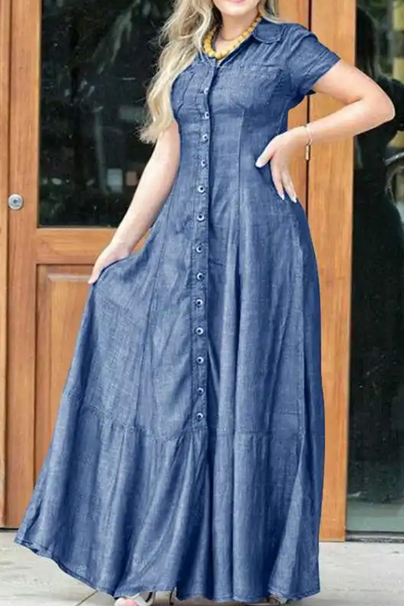 Women Shirt Collar Pocket Flared Casual Denim Dress
