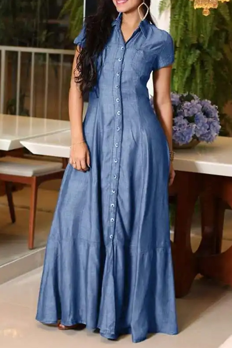 Women Shirt Collar Pocket Flared Casual Denim Dress