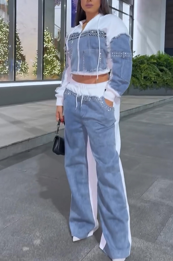 Fashion Denim Panel Hooded Jacket + Hotfix Rhinestone Jeans