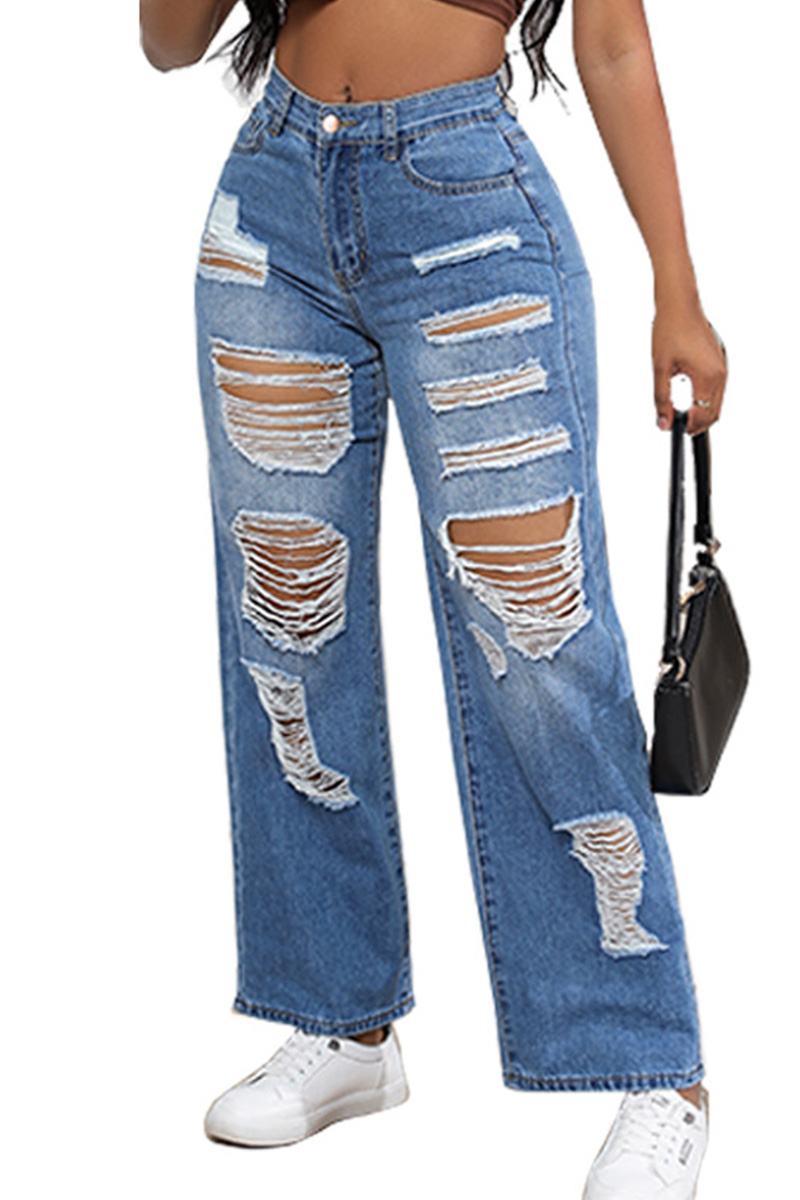 Stylish High Waisted High Stretch Loose Straight Leg Ripped Jeans