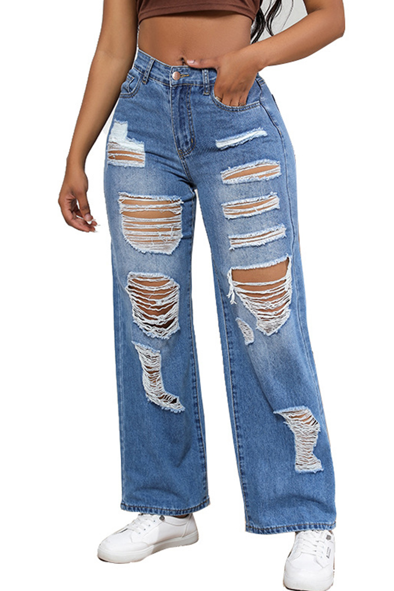 Stylish High Waisted High Stretch Loose Straight Leg Ripped Jeans