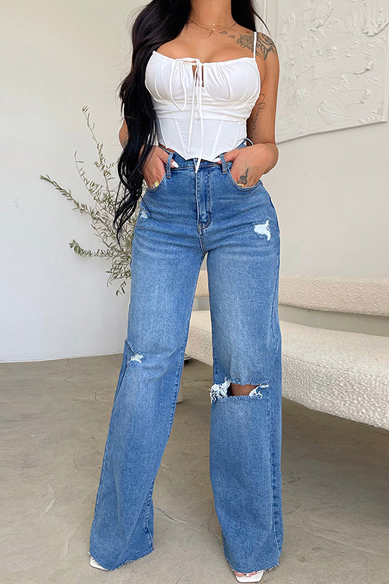 Women's Casual Ripped Washed Raw Wide Leg Jeans
