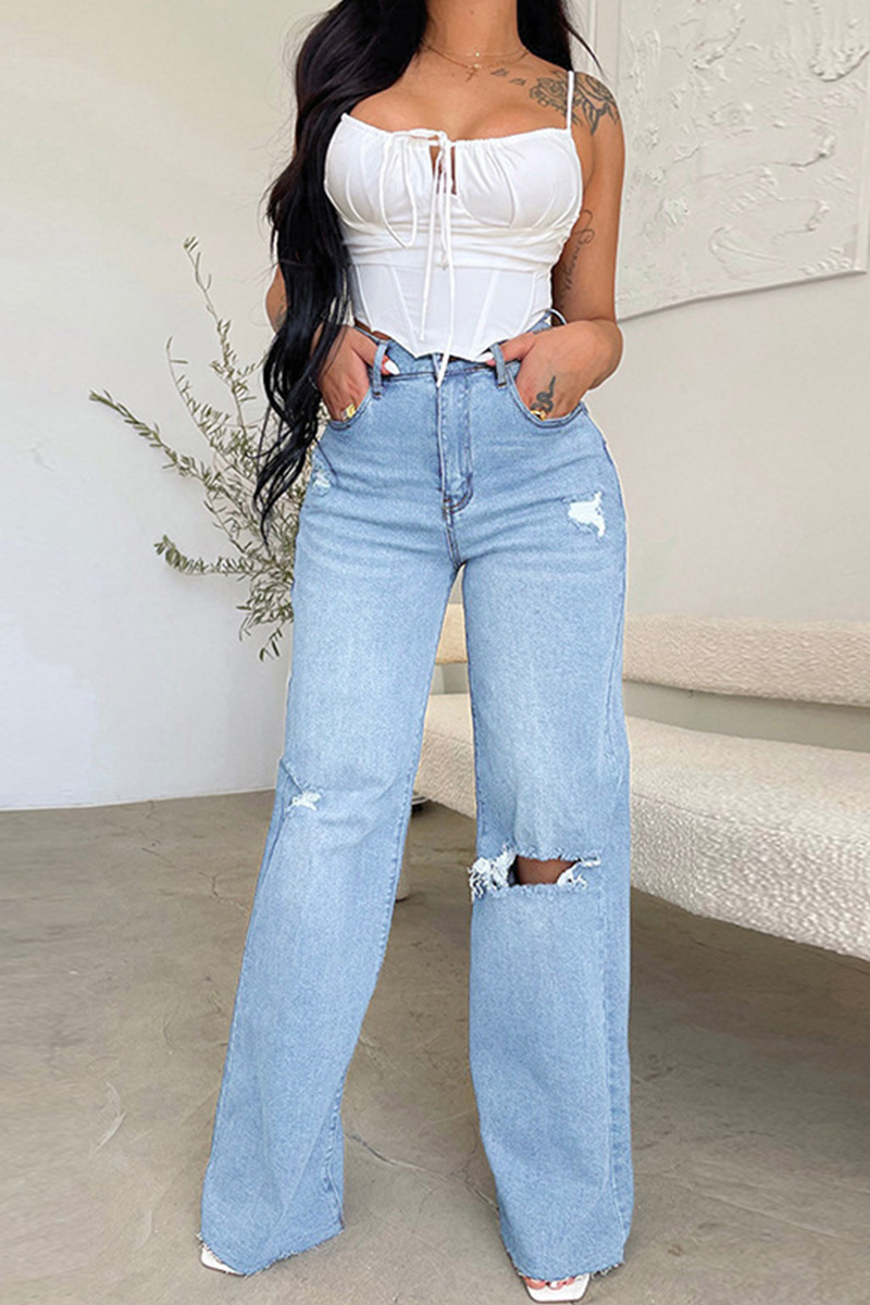 Women's Casual Ripped Washed Raw Wide Leg Jeans