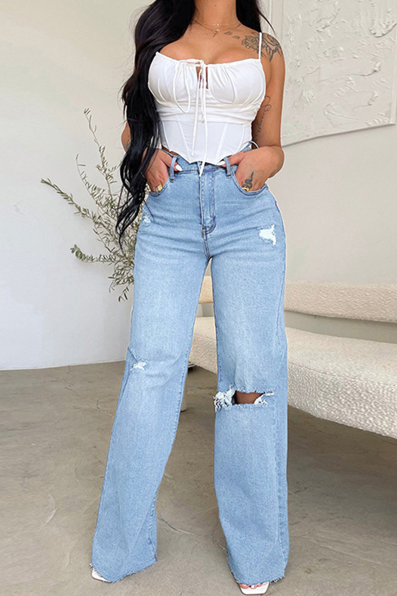 Women's Casual Ripped Washed Raw Wide Leg Jeans