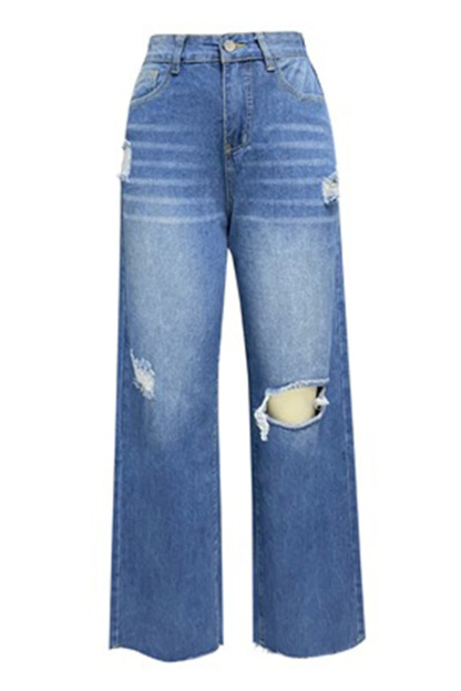 Women's Casual Ripped Washed Raw Wide Leg Jeans