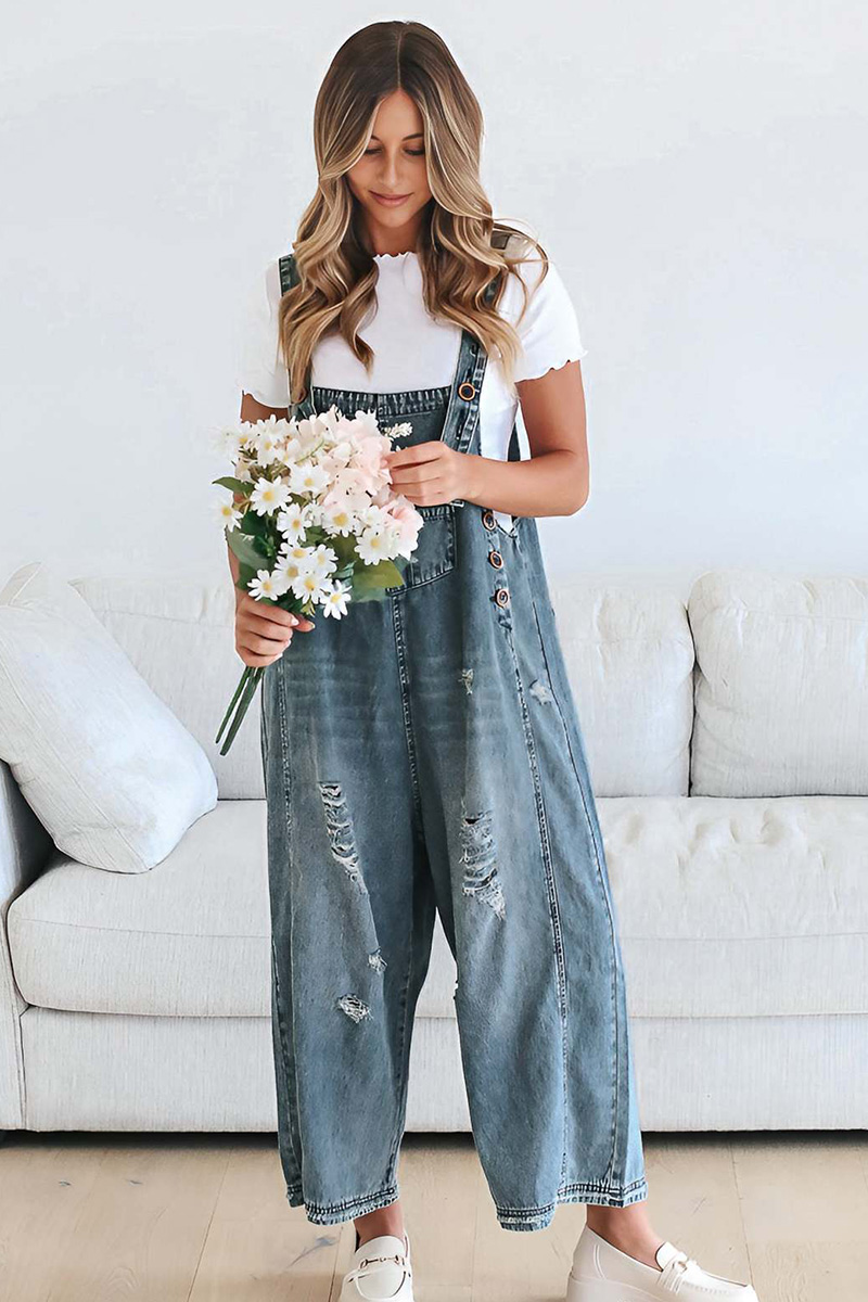 Women's Vintage Distressed Ripped Denim Overalls