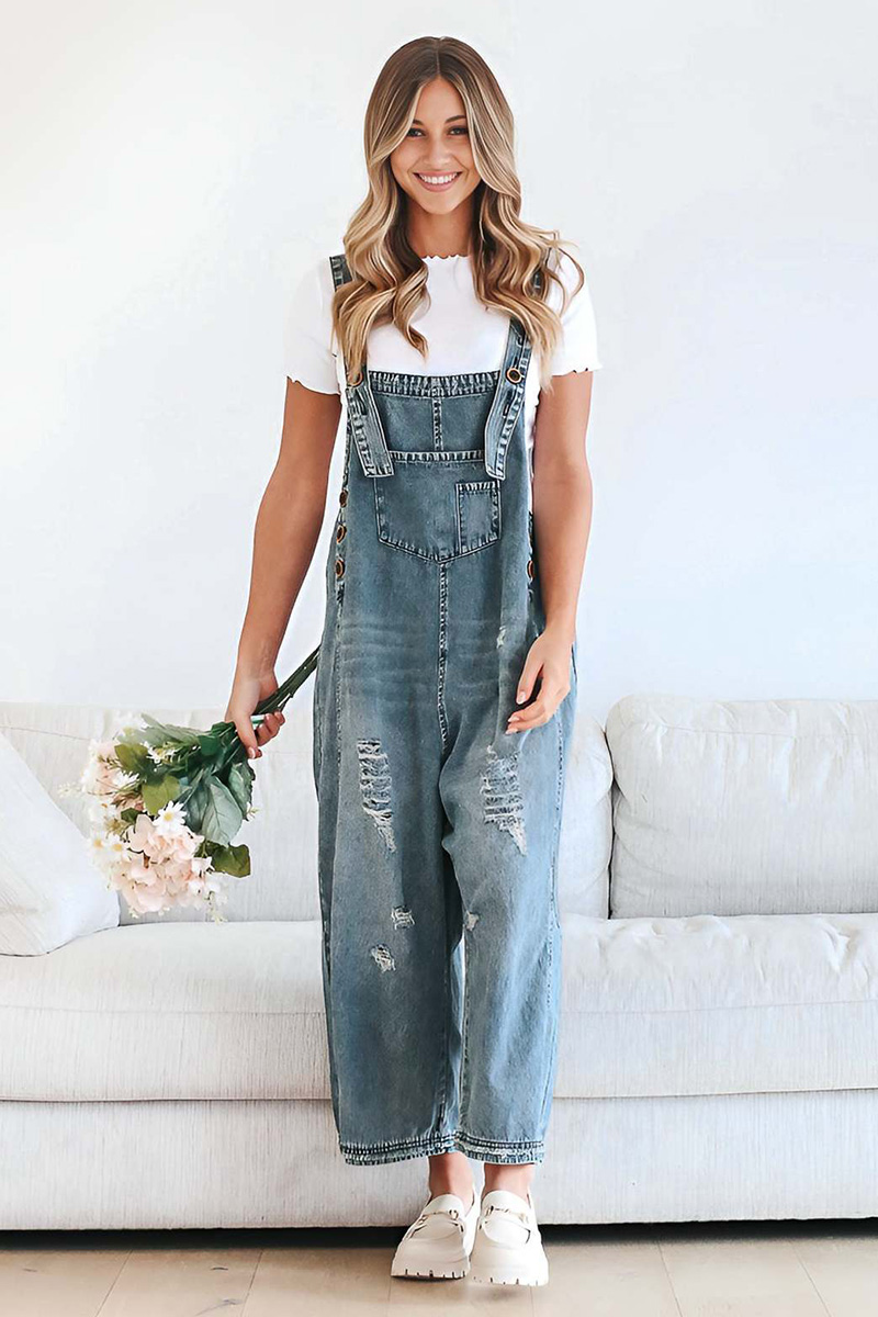 Women's Vintage Distressed Ripped Denim Overalls