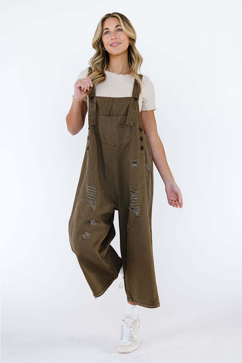 Women's Vintage Distressed Ripped Denim Overalls