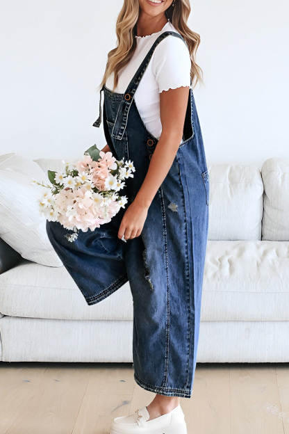 Women's Vintage Distressed Ripped Denim Overalls