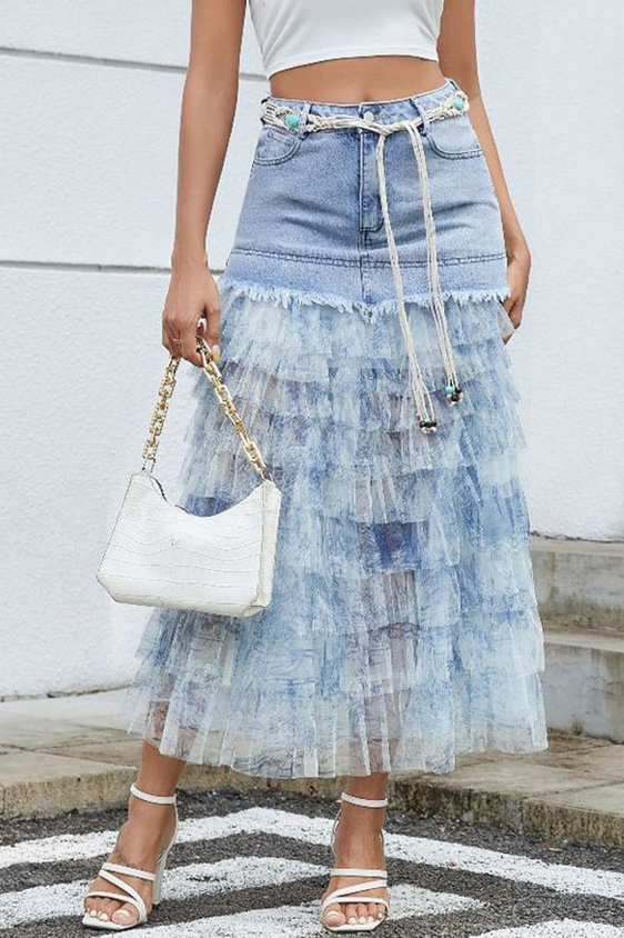 Women's Sheer Floral Panel Denim Skirt