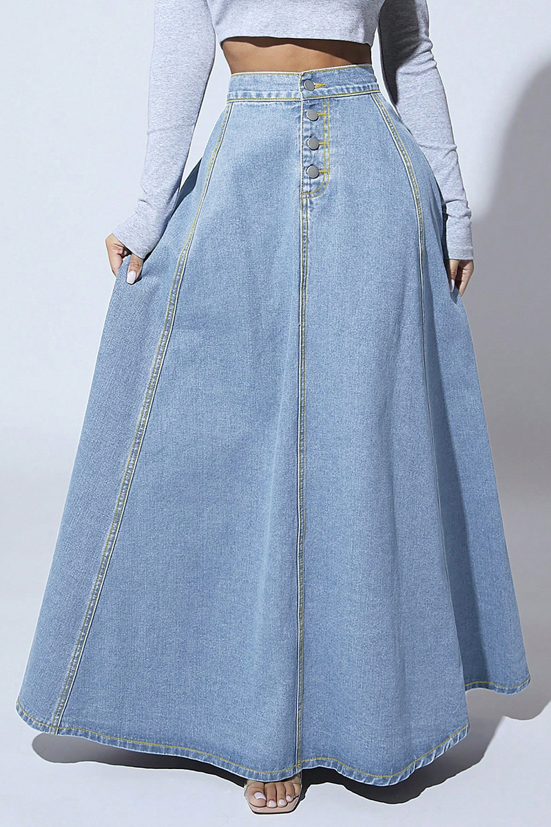 Women's Vintage Single-Breasted Full A-Line Denim Skirt