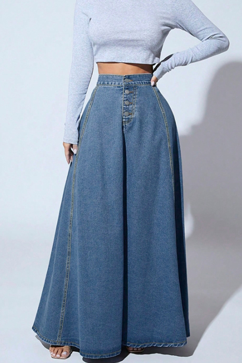 Women's Vintage Single-Breasted Full A-Line Denim Skirt