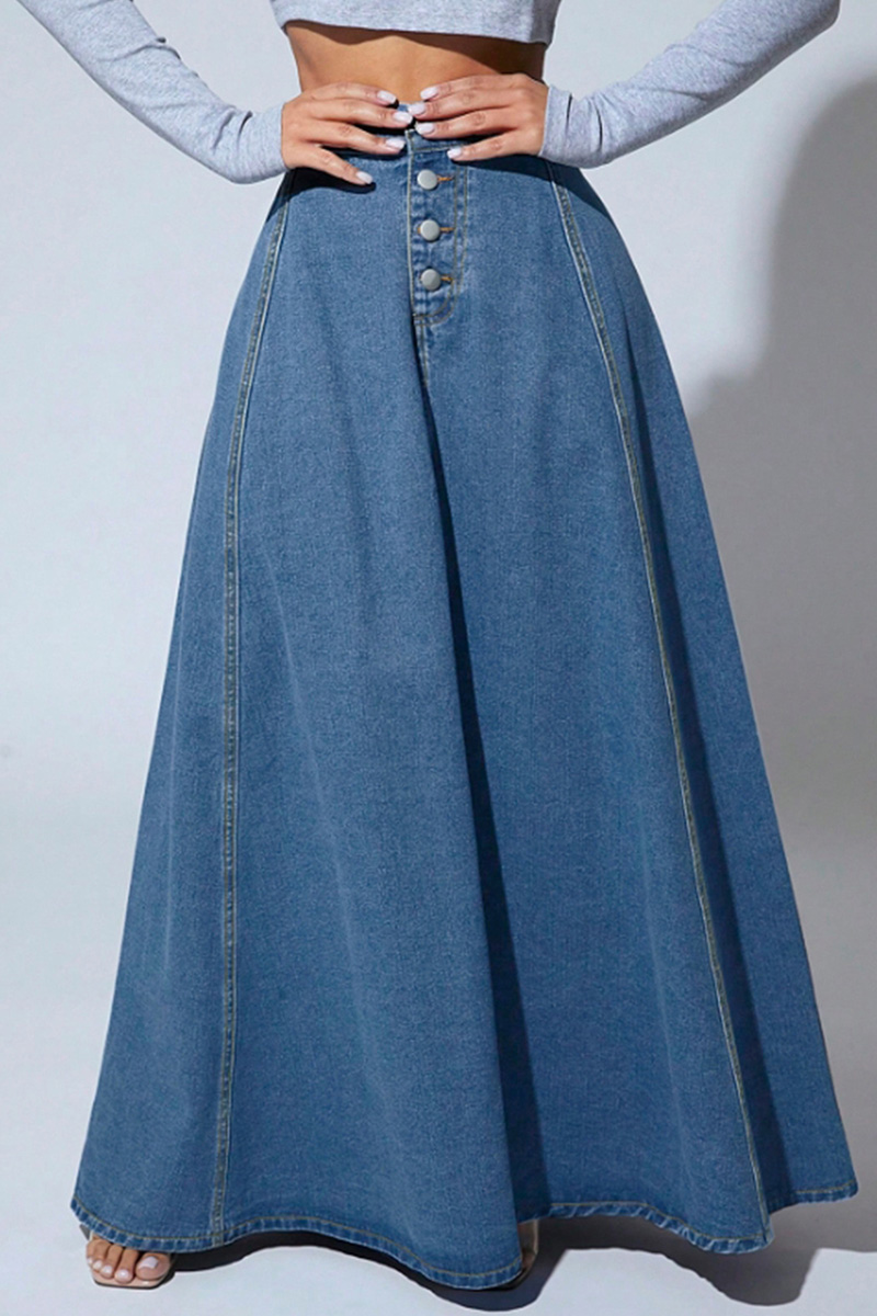 Women's Vintage Single-Breasted Full A-Line Denim Skirt