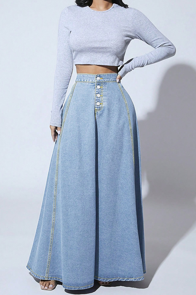 Women's Vintage Single-Breasted Full A-Line Denim Skirt