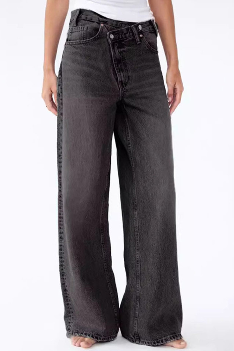 Women's Fashion Asymmetric Waistband Washed Jeans