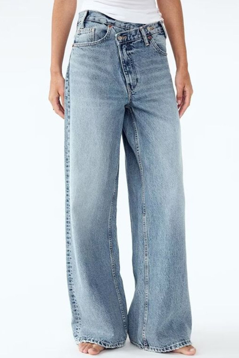 Women's Fashion Asymmetric Waistband Washed Jeans