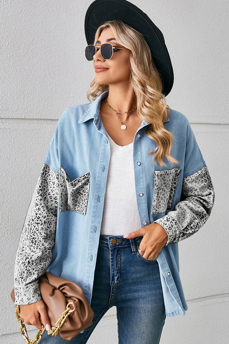 Women's Loose Leopard Print Denim Shirt