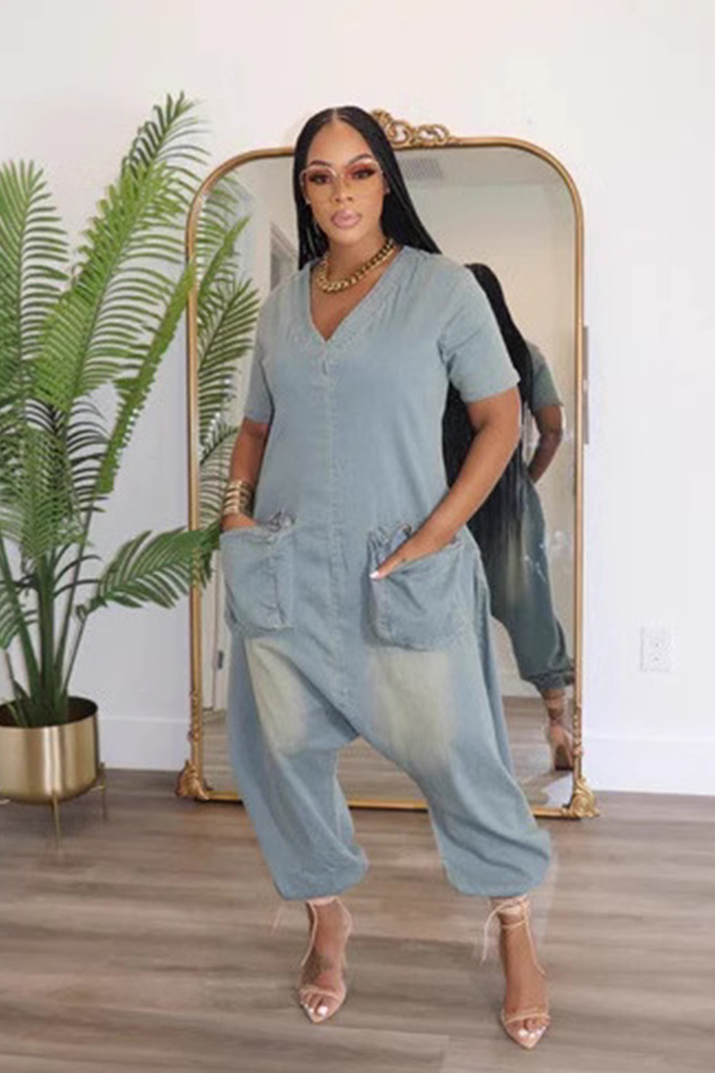 Women's Retro Fashion Large Pocket Denim Jumpsuit