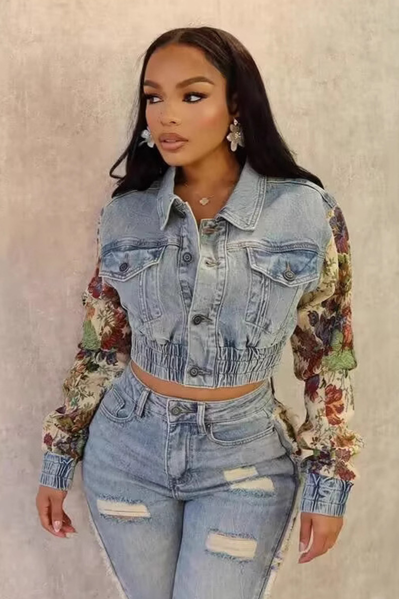 Women's Rock Style Print Stretch Slim Fit Denim Jacket