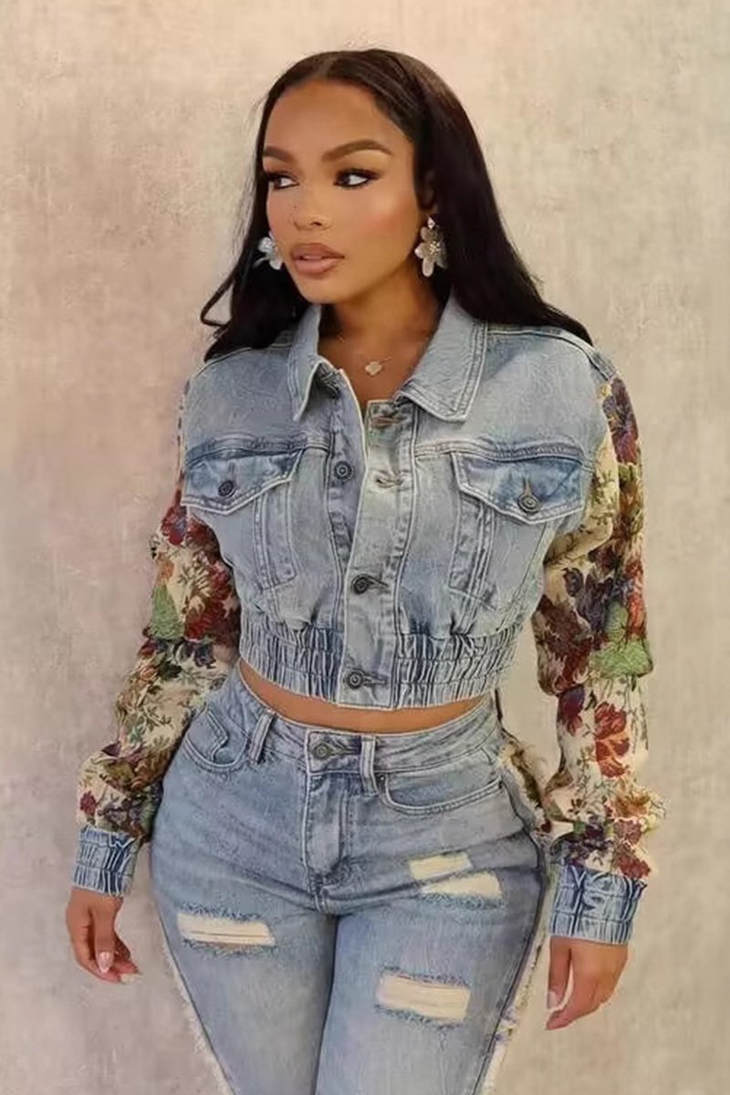 Women's Rock Style Print Stretch Slim Fit Denim Jacket