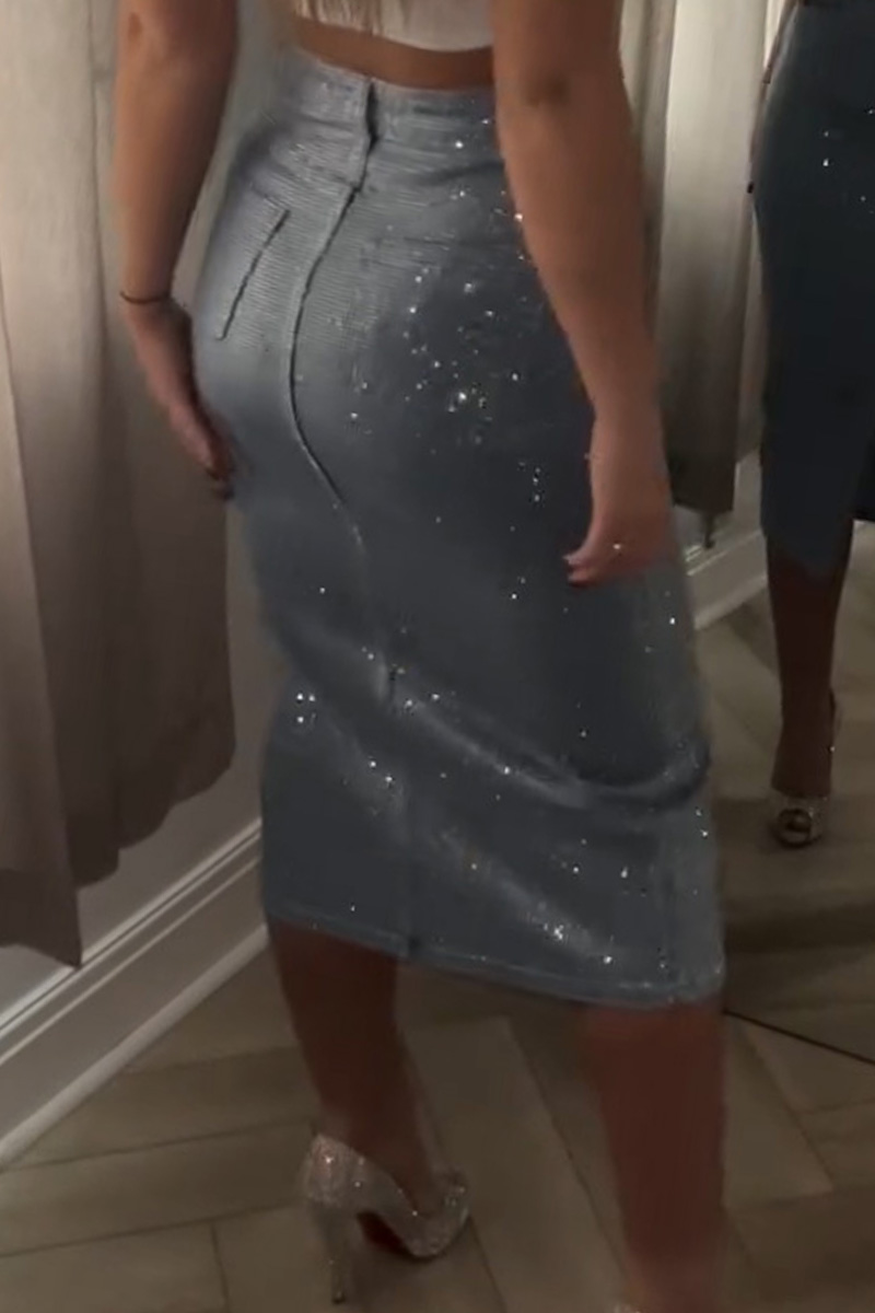 Women's slit-hem rhinestone embellished denim skirt