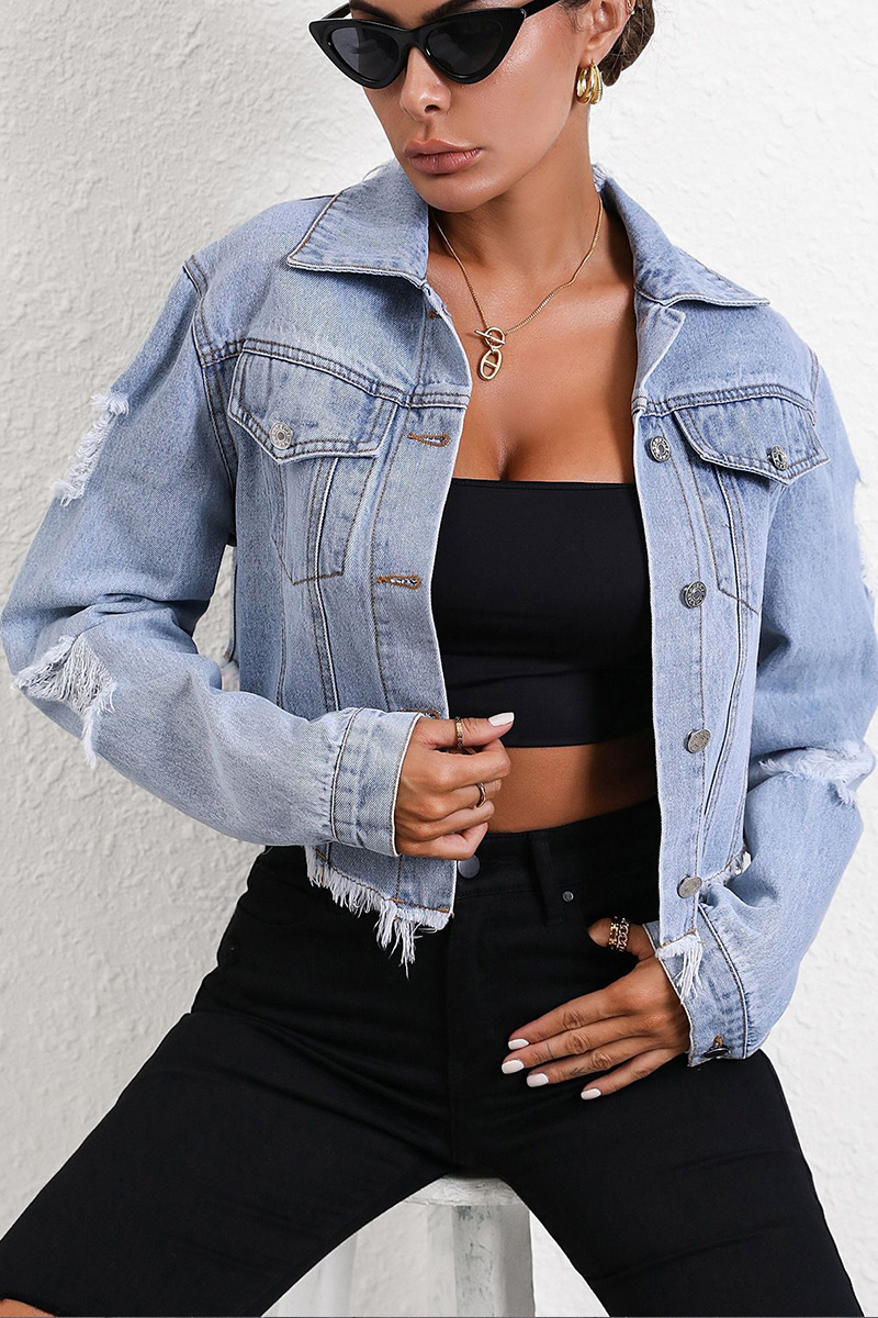 Women's Casual Distressed Denim Cropped Jacket