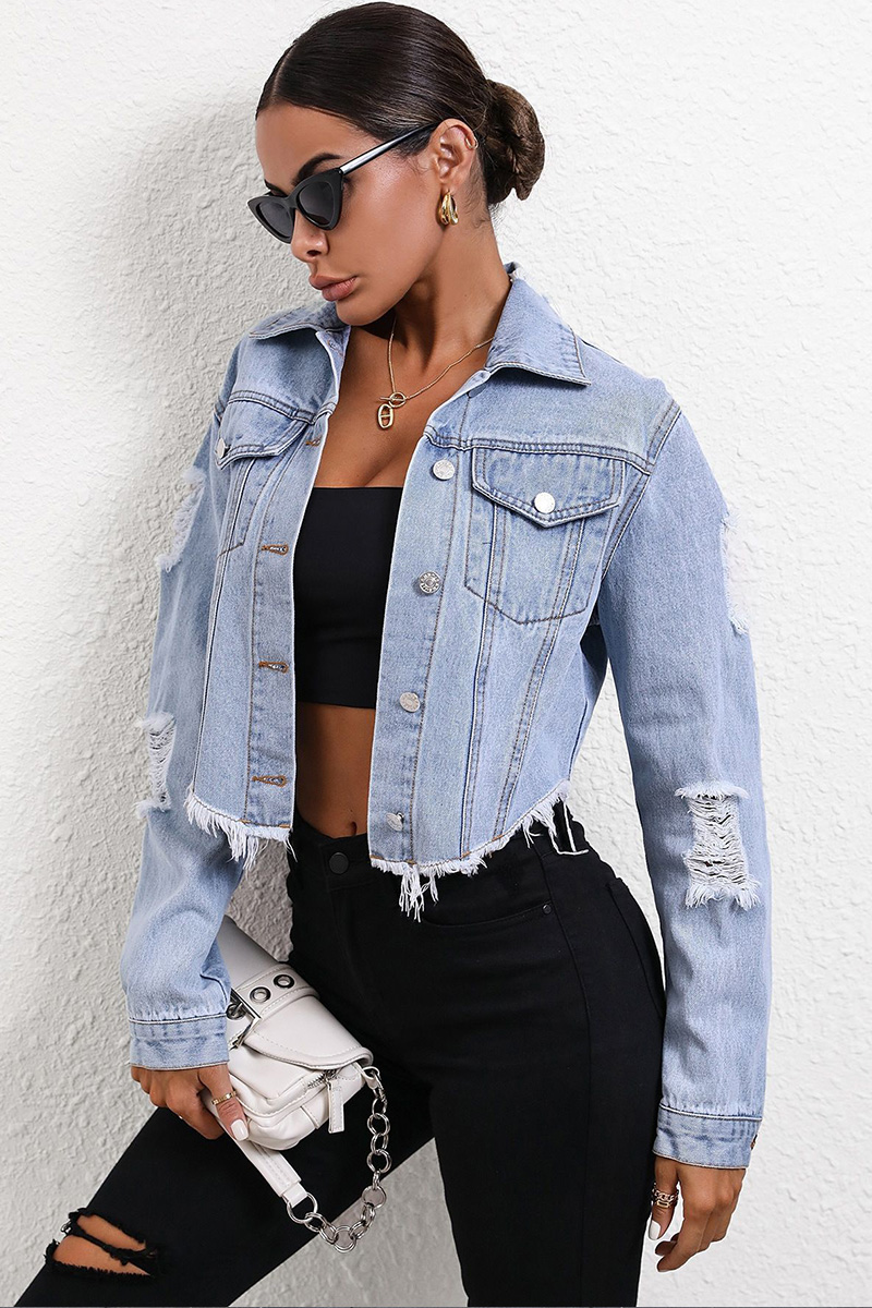 Women's Casual Distressed Denim Cropped Jacket