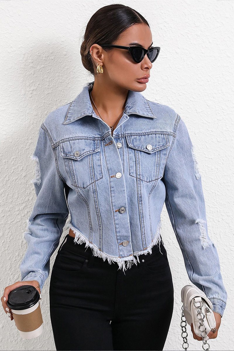 Women's Casual Distressed Denim Cropped Jacket