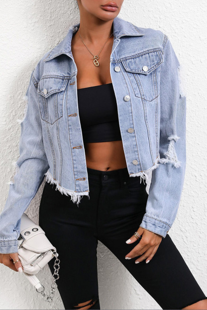 Women's Casual Distressed Denim Cropped Jacket