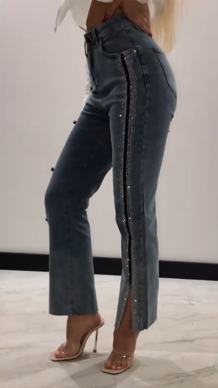 Women's Jeans with Rhinestone Slits and Buttons