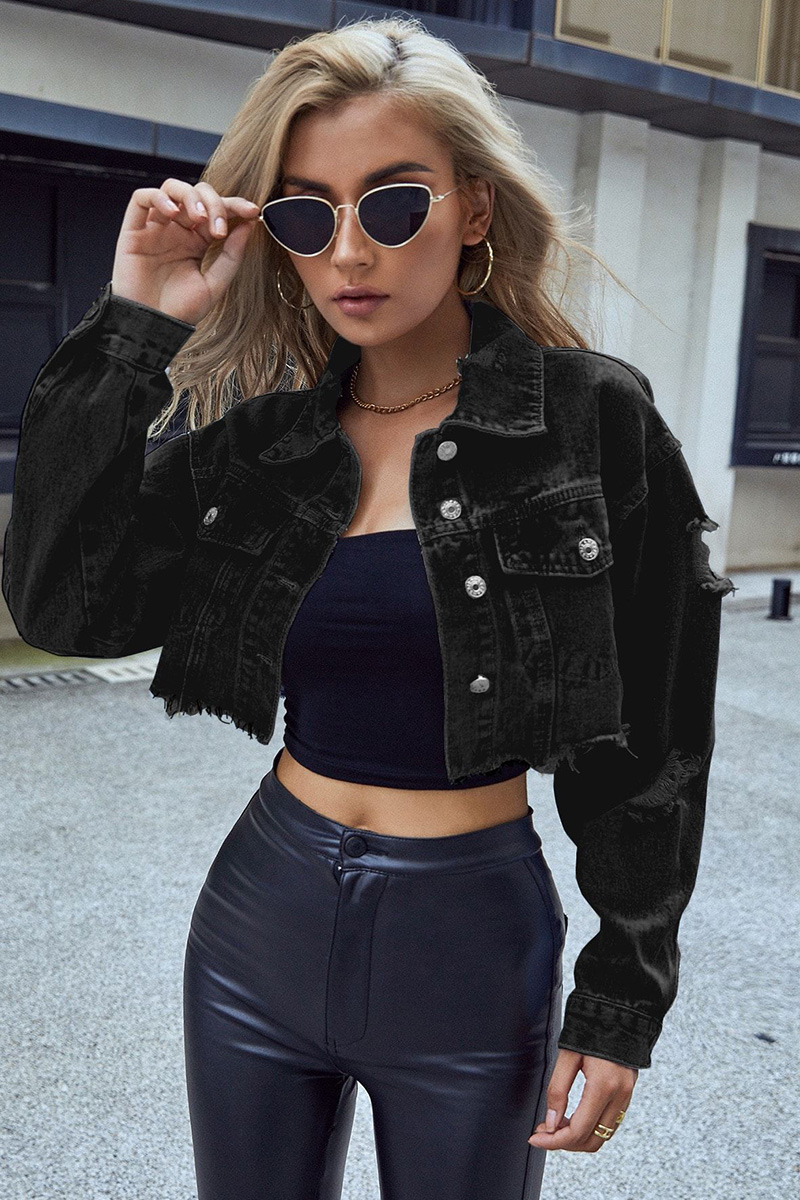 Ladies' Fashion-Forward Destroyed Denim Jacket