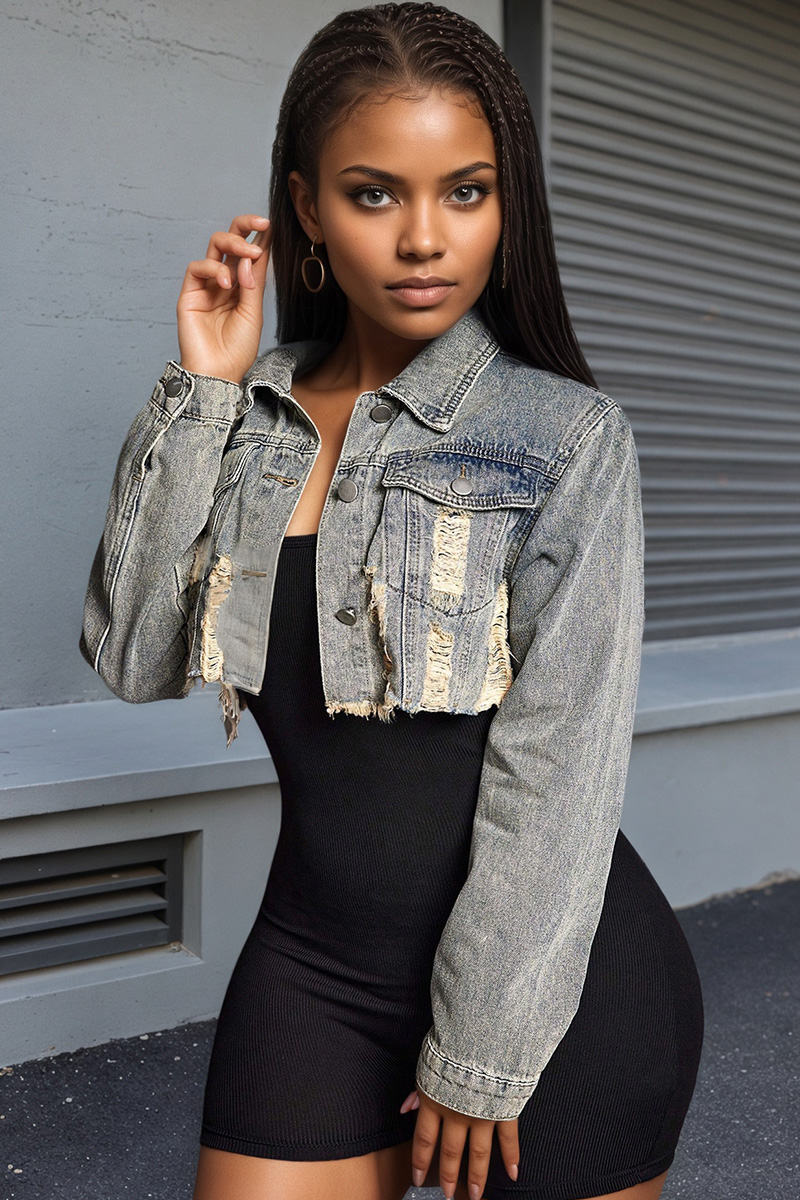 Women's Distressed Denim Cropped Blazer With Lapel